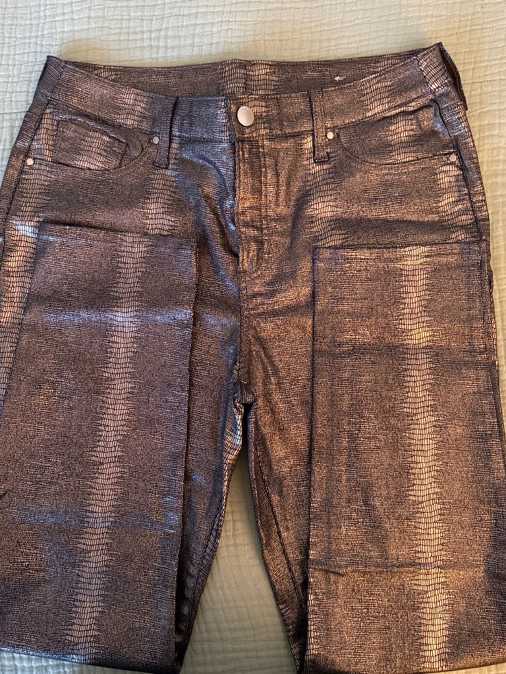 Chico's Metallic Bronze Snake-Print Skinny Jeans